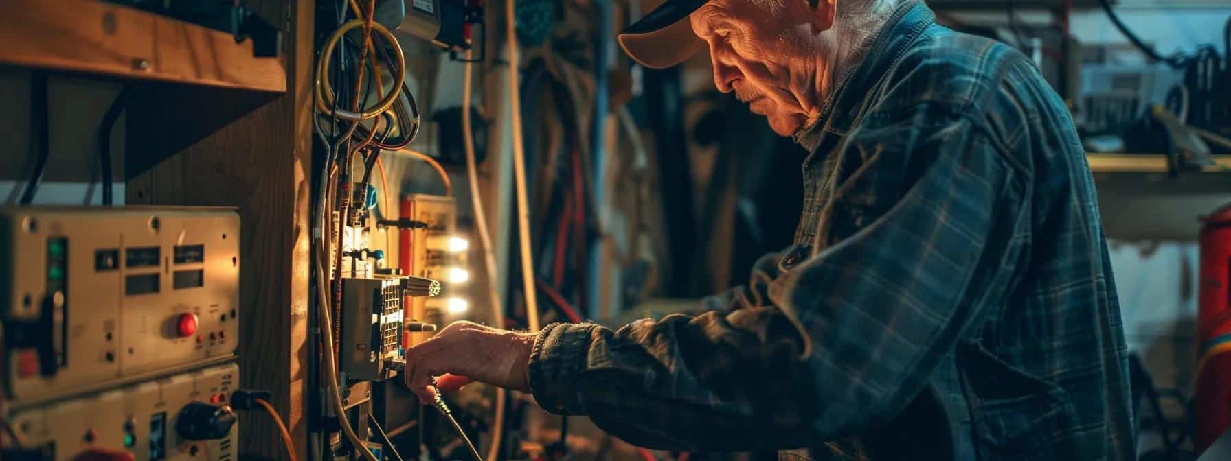 a close-up view of an electrician inspecting a vintage circuit panel in a dimly lit, cluttered home office, showcasing worn wires and tools, emphasizing the importance of electrical safety in older residences.