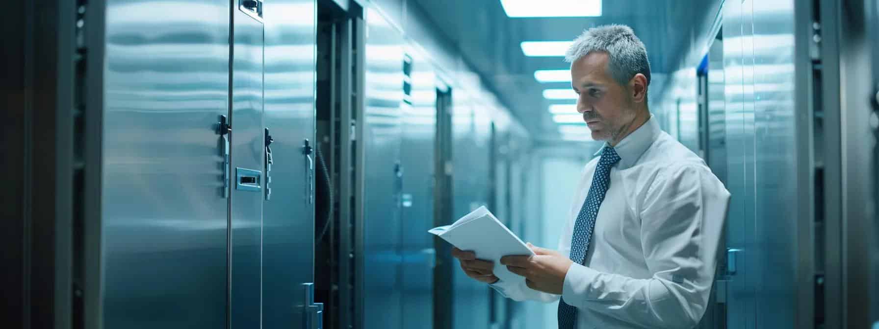 a focused engineer inspects a modern electrical panel in a sleek, well-lit office space, illustrating the importance of maintaining electrical equipment for safe summer use.