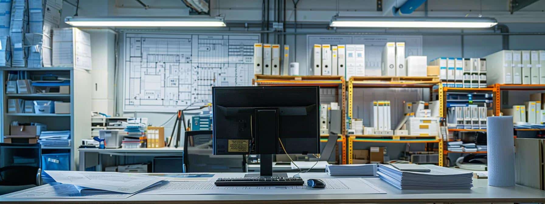 a meticulously arranged office workspace features blueprints of electrical wiring alongside an open building code manual, illuminated by bright overhead lighting that emphasizes the importance of safety standards in modern installations.