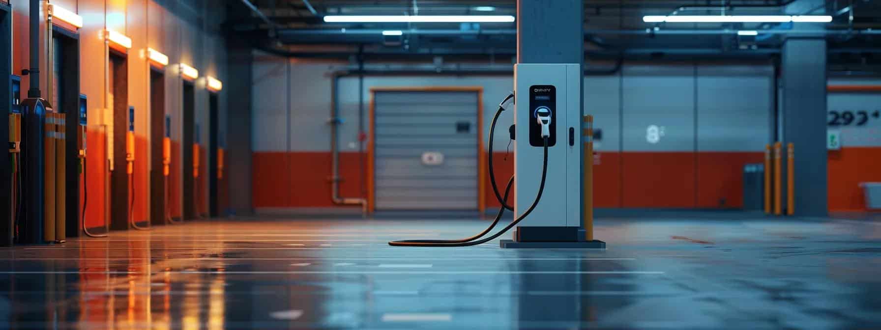 a modern electric vehicle charger, prominently displayed in a sleek industrial garage setting, exudes professionalism and is illuminated by bright overhead fluorescent lights, showcasing its essential role in ev maintenance and performance.