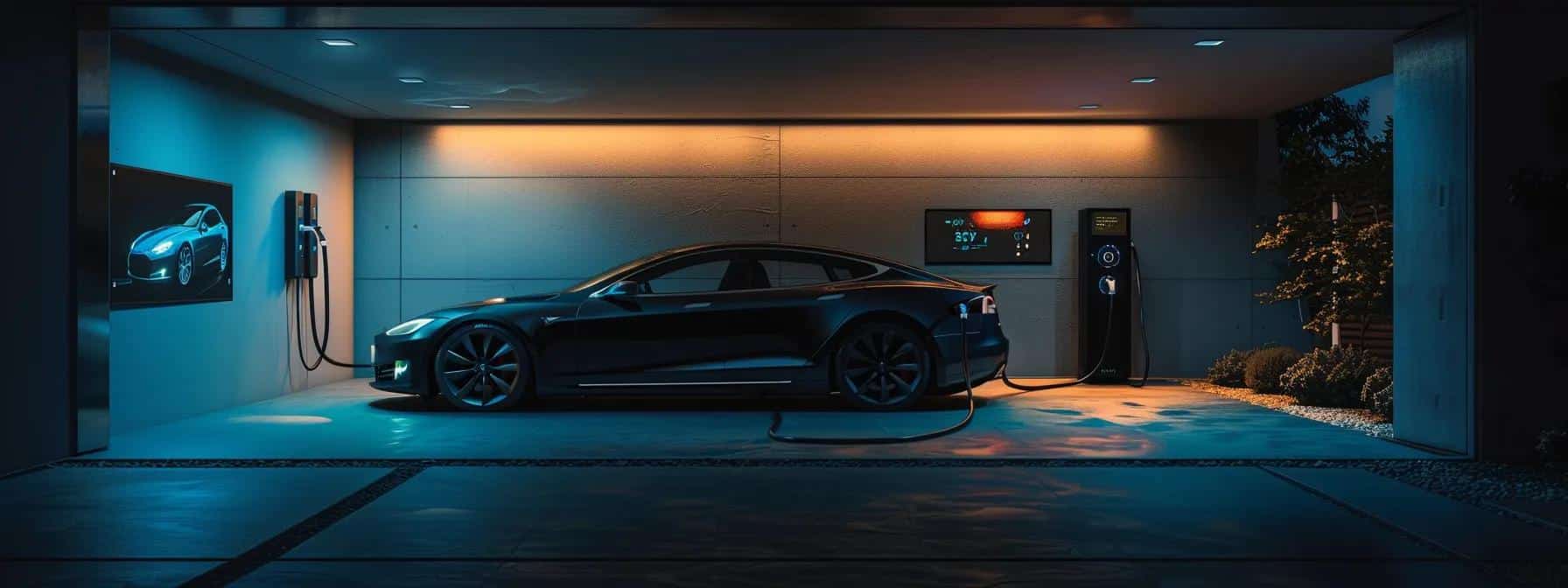 a modern home garage is illuminated with bright led lights, featuring a sleek electric vehicle plugged into a stylish level 2 charger, showcasing a wall-mounted screen displaying charging options and efficiency metrics, emphasizing the importance of choosing the right ev charger model.