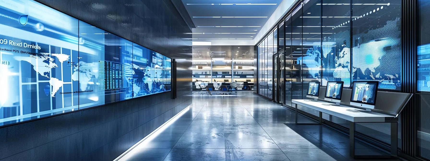 a modern office interior showcases sleek wiring upgrades along the walls, with illuminated energy-efficient displays highlighting their benefits, creating a sophisticated and high-tech atmosphere.