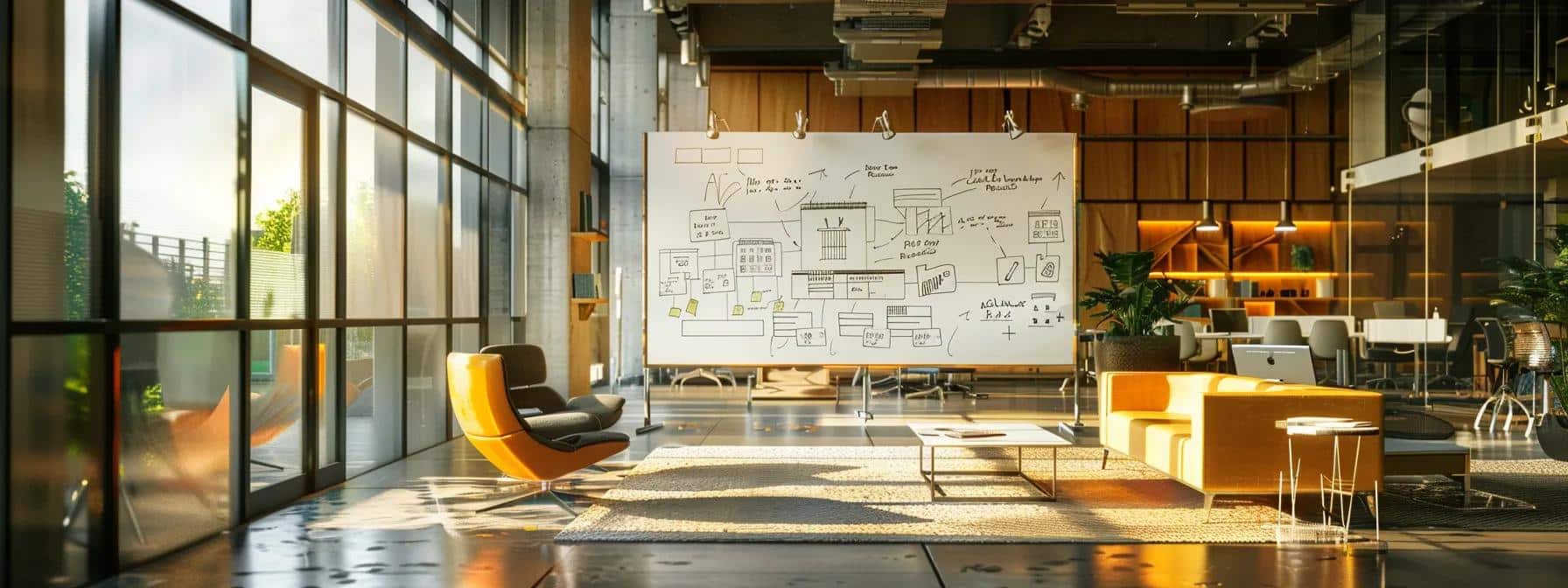 a modern office space features a large whiteboard filled with strategic plans and diagrams, while storm clouds loom ominously through the windows, emphasizing the urgency of preparing for summer storms and power outages.