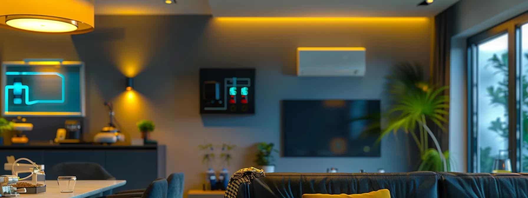 a modern, well-organized home interior showcasing high-tech electrical safety devices and bright warning signs, emphasizing effective summer electrical safety practices in a sleek, contemporary living space.