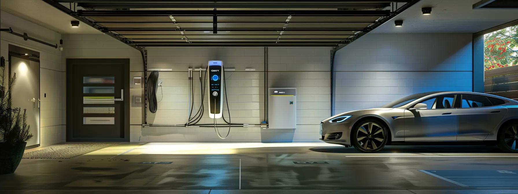 a sleek, modern electric vehicle charger is prominently installed in a well-lit, urban garage, showcasing its ideal placement near the electrical panel and emphasizing accessibility and safety in a contemporary setting.