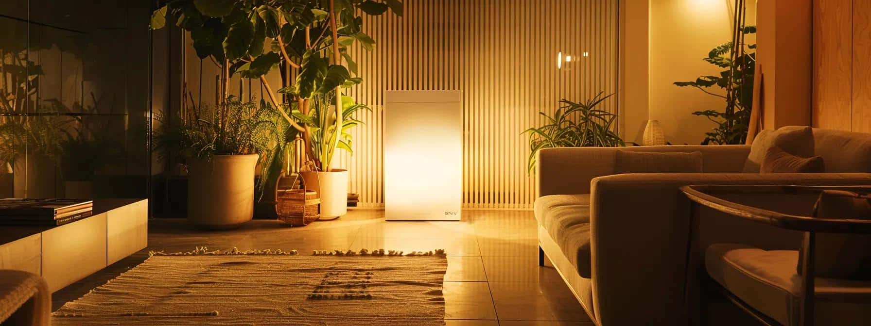 a sleek, modern home interior featuring a prominent, stylish backup power generator, illuminated by soft, warm lighting, with contemporary decor emphasizing reliability and innovation in power solutions.