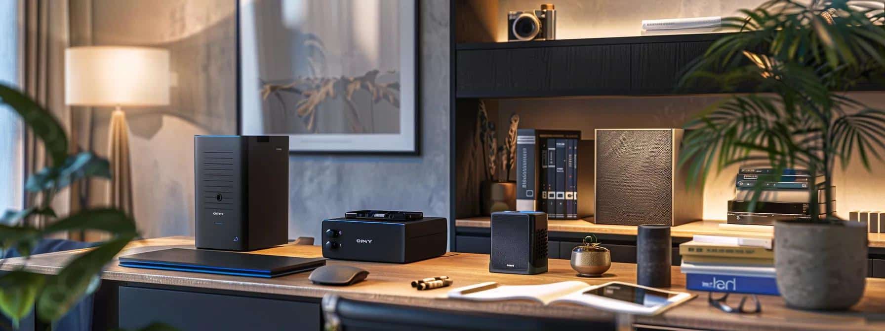 a sleek, modern home office displays a variety of backup power solutions—an elegant battery backup unit, a compact gas generator, and a sophisticated ups system—strategically arranged on a polished desk under bright, even lighting, showcasing their efficiency and innovation.