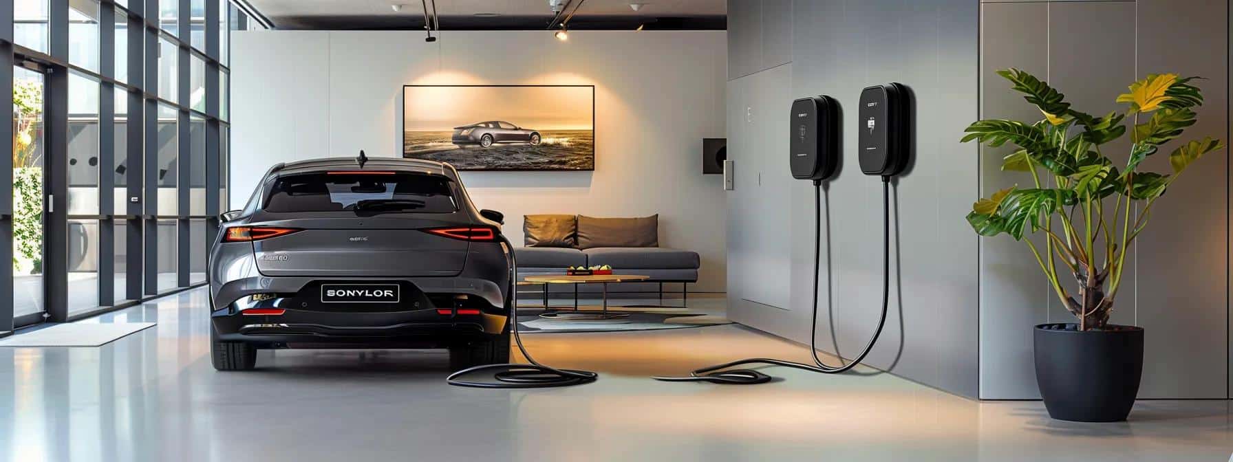 a sleek, modern office space showcases a wall-mounted ev charger alongside a minimalist electric vehicle, emphasizing the innovative advancements in sustainable transportation solutions.