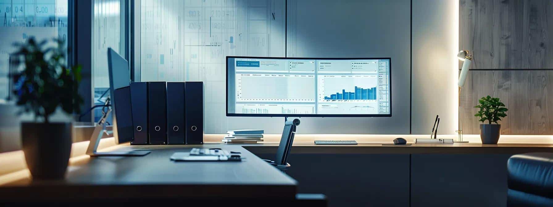 a sleek, modern office space with a minimalist desk featuring a high-tech backup power system, illuminated by focused task lighting, showcasing charts and graphs illustrating cost savings and financing options on a digital display.