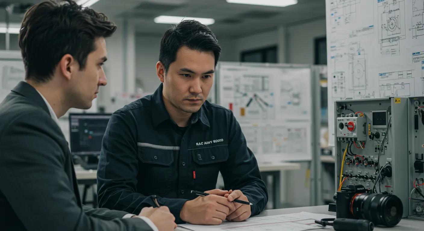 a focused electrical technician consults with a client in a modern office setting, surrounded by colorful diagrams and equipment, exemplifying effective communication strategies that enhance service quality.