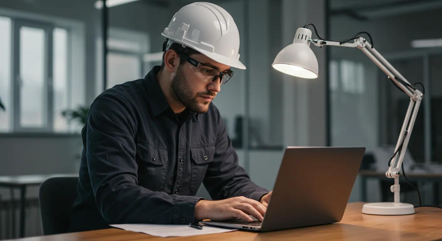 a focused electrician in a modern office environment reviews local regulatory documents on a sleek laptop, showcasing the integration of regional knowledge into technical communication for enhanced complaint resolution.