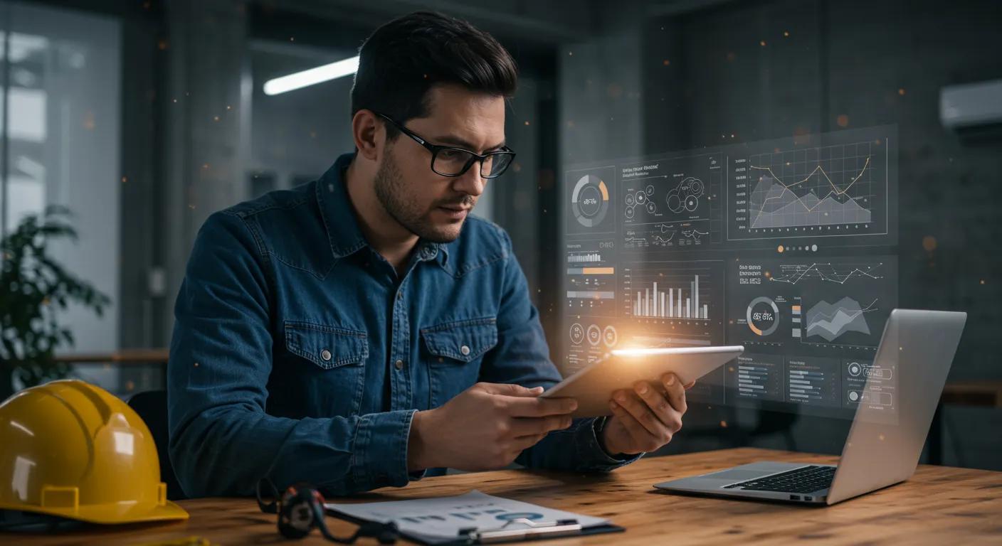 a focused electrician analyzes customer feedback on a digital tablet in a modern office, surrounded by charts and reports that highlight service improvements and communication strategies.