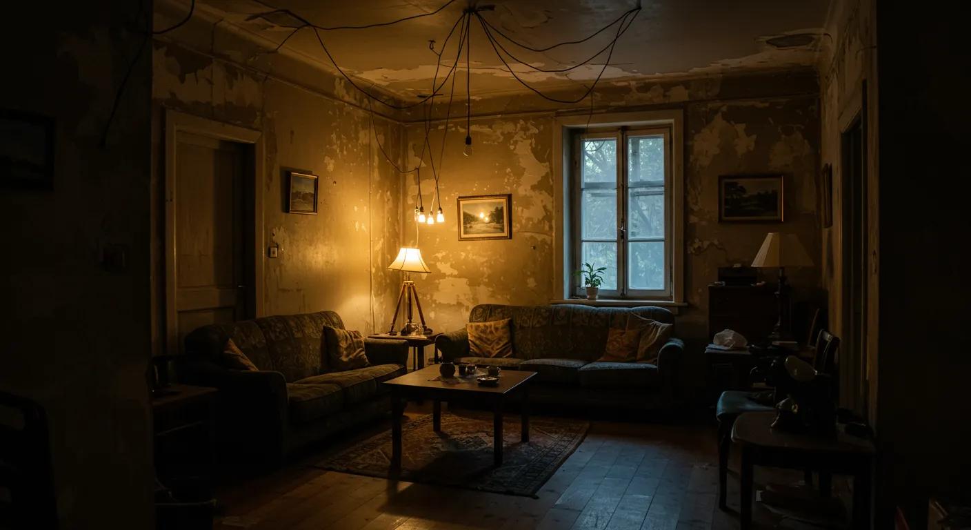 a dimly lit, vintage living room in an older home, showcasing flickering light bulbs overhead, with exposed wiring and aged walls that highlight the impact of aging infrastructure on modern comfort.
