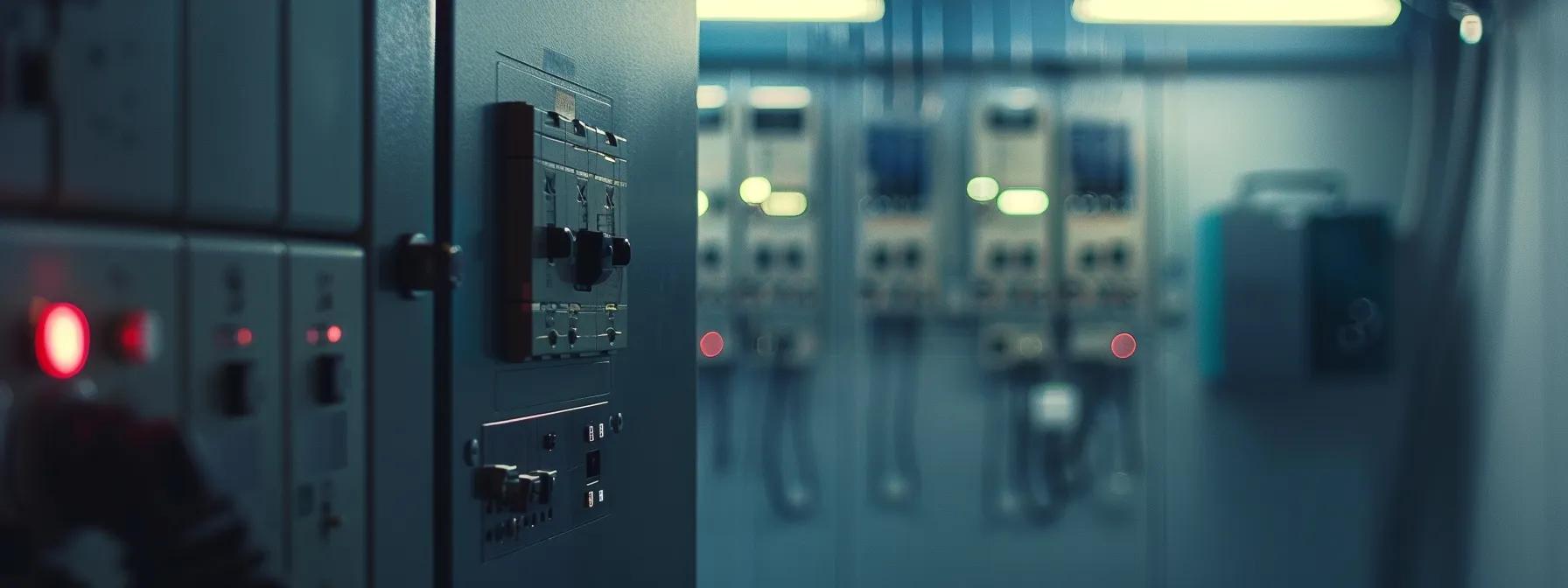 a close-up view of a modern electrical panel with a prominently tripped circuit breaker switch, set against a sleek, professional office backdrop, emphasizing the urgency of electrical safety maintenance.