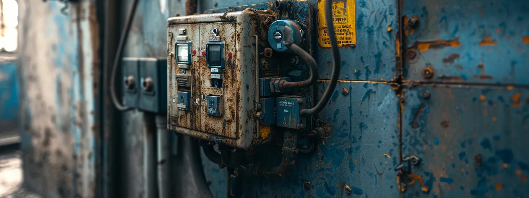 a close-up view of a worn and outdated electrical panel prominently displayed in a dimly lit basement, highlighting faded labels and rusted components, emphasizing the urgent need for an upgrade to modern standards.