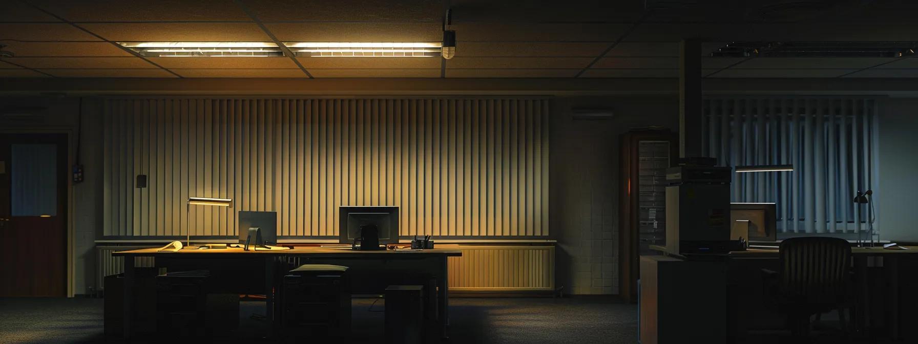 a dimly lit, industrial office space displays a flickering fluorescent light overhead, casting unsettling shadows that hint at the potential safety hazards posed by the malfunctioning fixture.