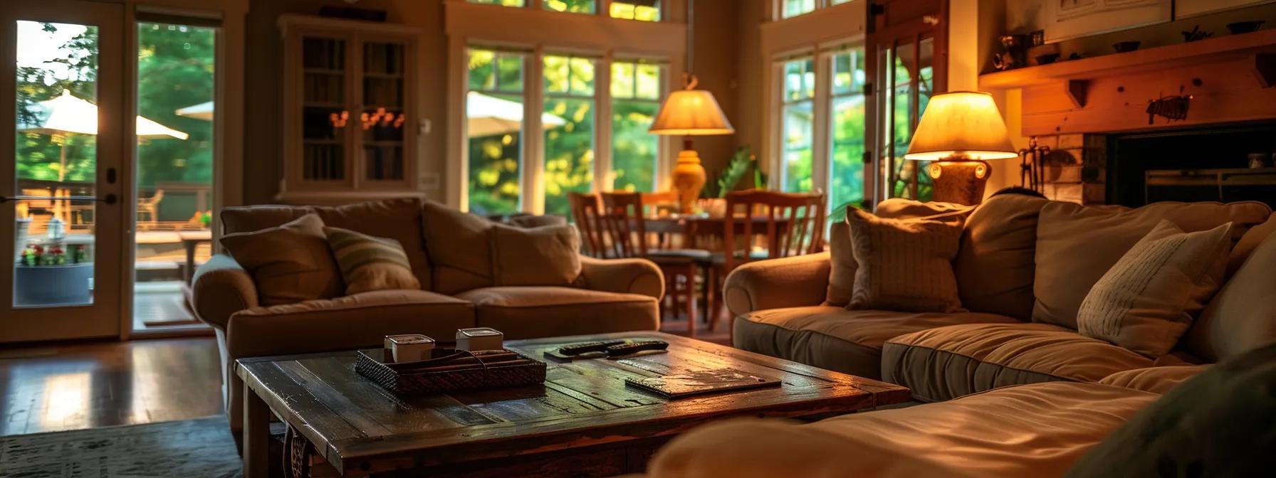a dimly lit living room showcases flickering lights and frayed electrical cords, emphasizing the urgent need for an electrical safety inspection amid the modern decor.