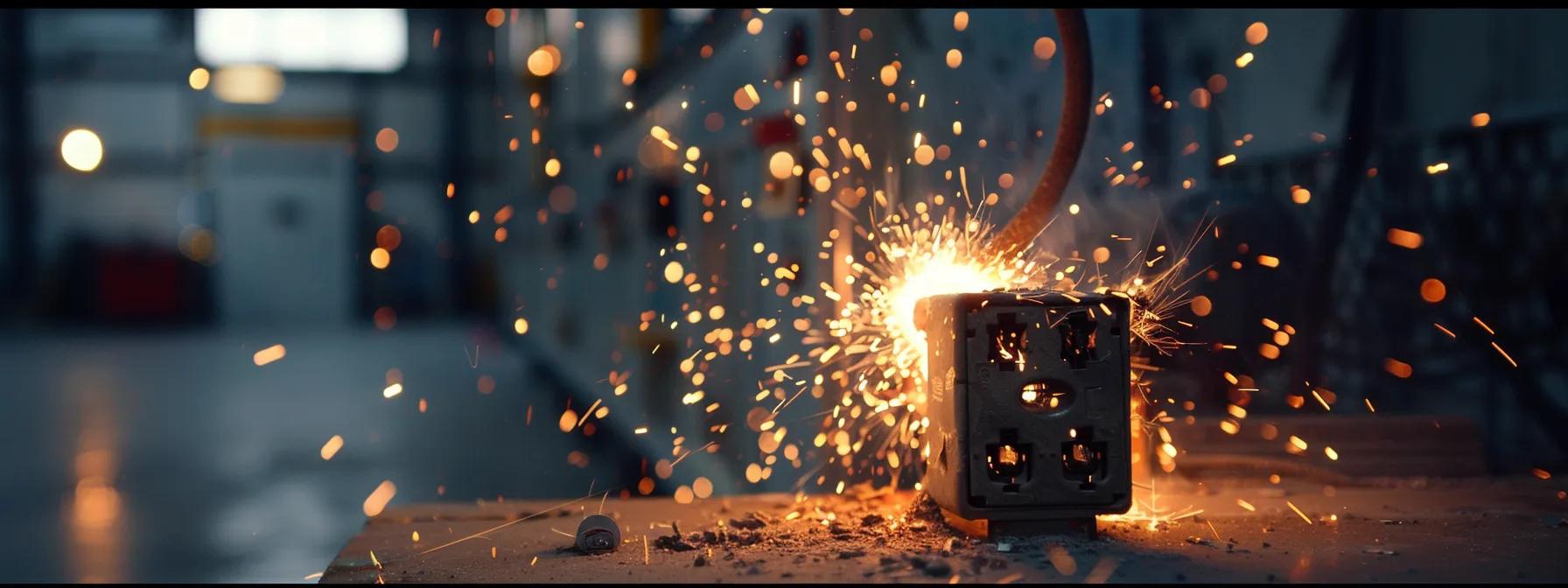 a dramatic close-up of an electrical outlet with visible sparks and a faint haze of heat distortion, set against an industrial-style office backdrop, captures the urgent warning about potential hazards of plugging in devices.