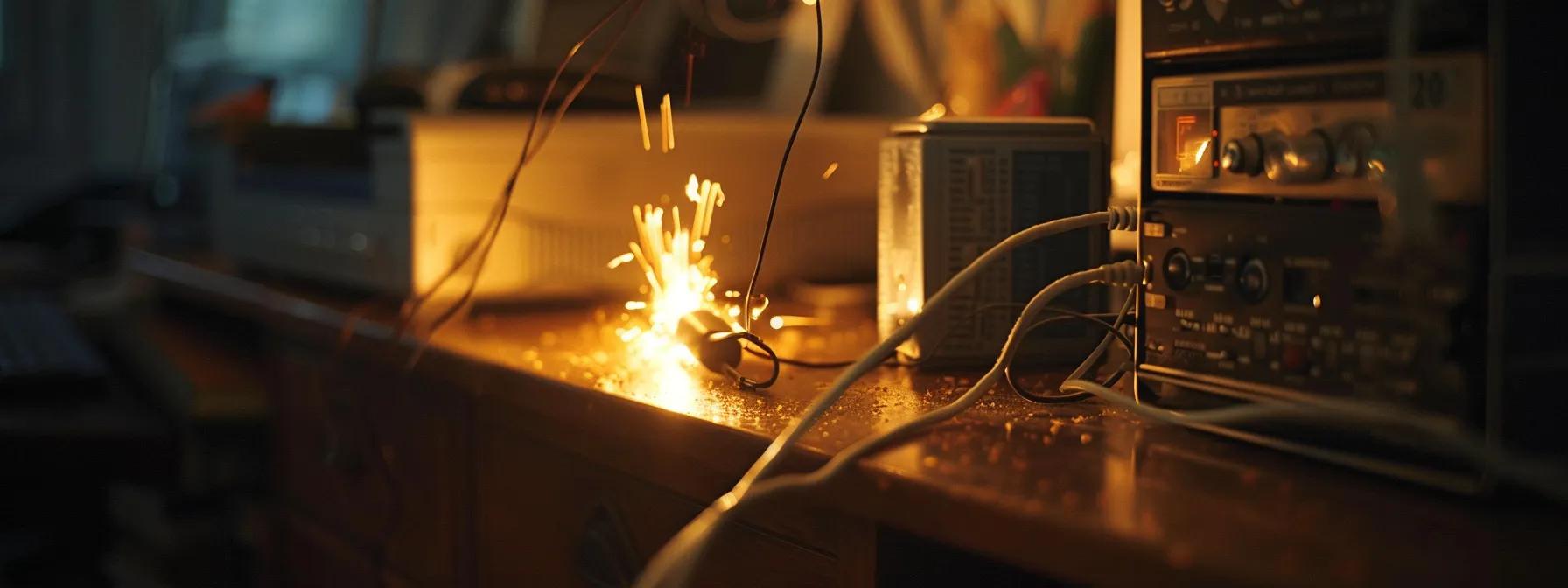 a dramatic close-up of a dimly lit office workspace reveals a frayed electrical cord and a sparking outlet, highlighting the potential dangers of electrical overloads in a professional setting.