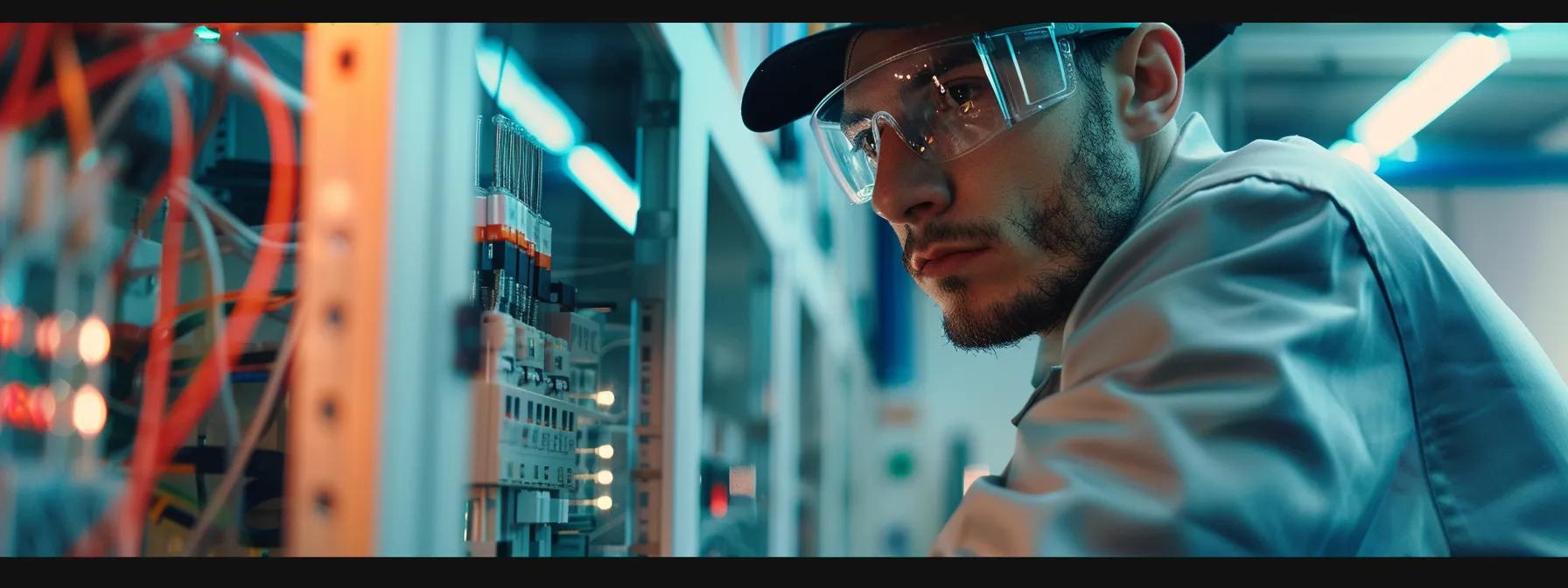 a focused and professional electrical inspector, equipped with advanced testing tools, meticulously examining a circuit panel in a modern, well-lit office environment, emphasizing the importance of expertise and precision in electrical inspections.