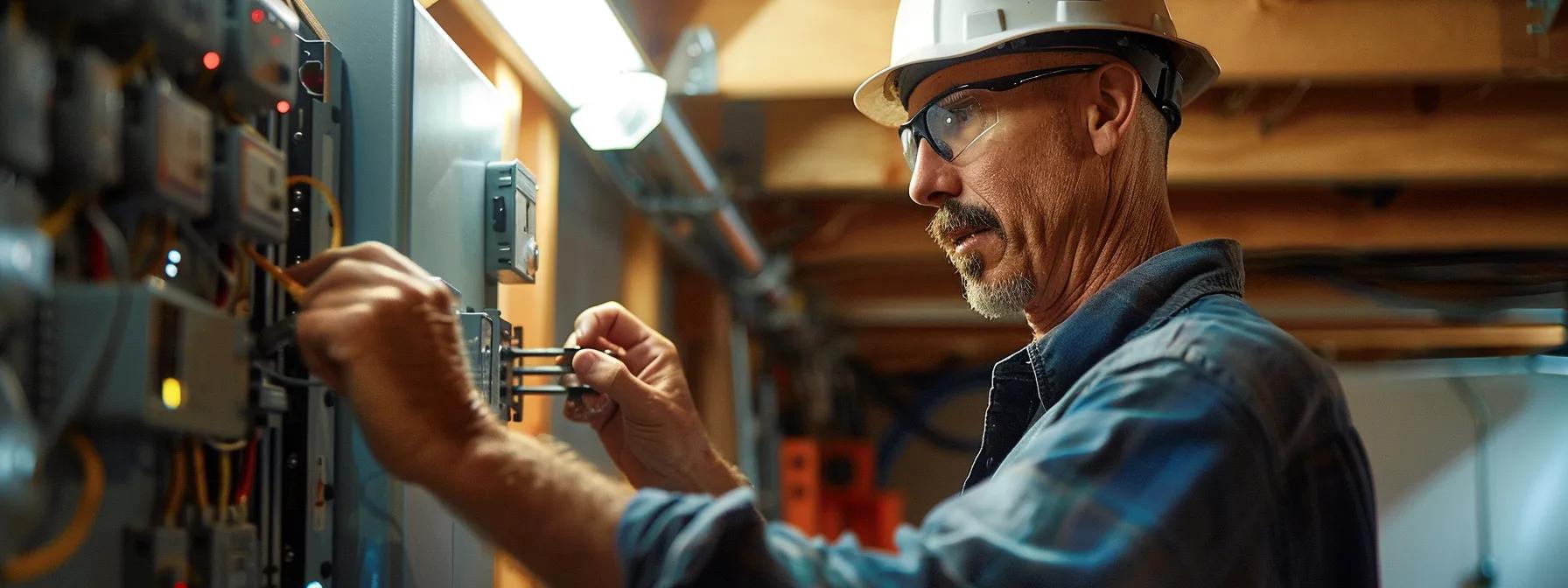 a focused electrician inspects a modern home's circuit breaker panel in a well-lit residential basement, highlighting the critical components of the electrical system under thoughtful examination.