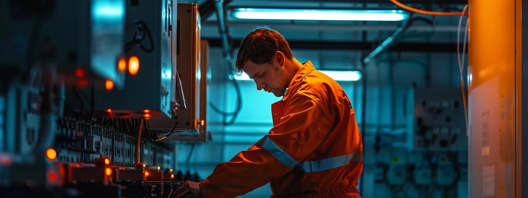 a focused technician examines a complex array of electrical panels in a dimly lit office, highlighting the intricate wires and flickering lights that convey the urgency of addressing persistent electrical issues.