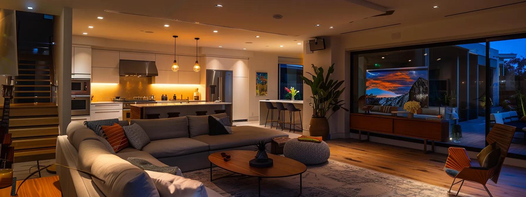 a modern lexington living room illuminated by flickering ceiling lights, emphasizing a subtle sense of concern and curiosity about electrical issues, with sleek furniture and muted tones enhancing the atmosphere.