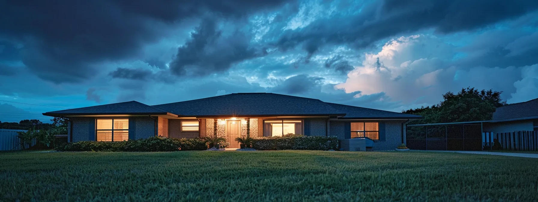 a modern suburban home at dusk, glowing with warm exterior lighting and a pristine lawn, sets the stage against a slightly cloudy sky, highlighting the importance of dependable backup power solutions in the face of impending storms.