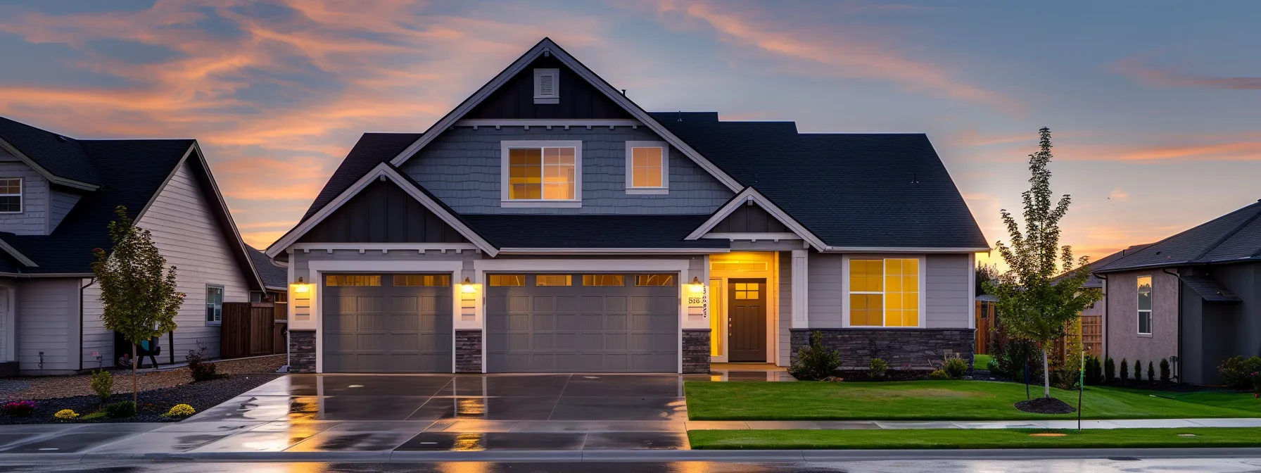 a modern suburban home at dusk, beautifully illuminated with warm exterior lighting, showcases a neatly manicured lawn and a two-car garage under a slightly cloudy sky, highlighting the importance of reliable backup power in a peaceful neighborhood.