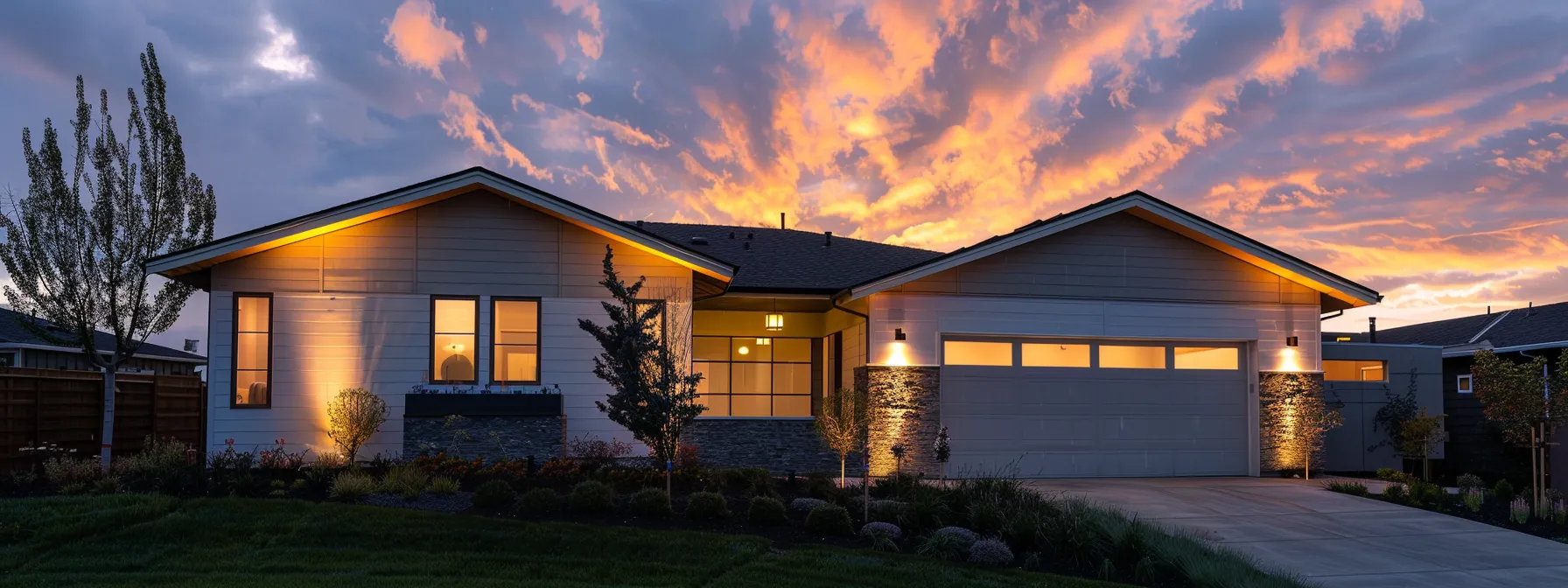 a modern suburban home at dusk, illuminated by warm exterior lights, stands resilient against a cloudy sky, highlighting the importance of reliable backup power for homeowners.