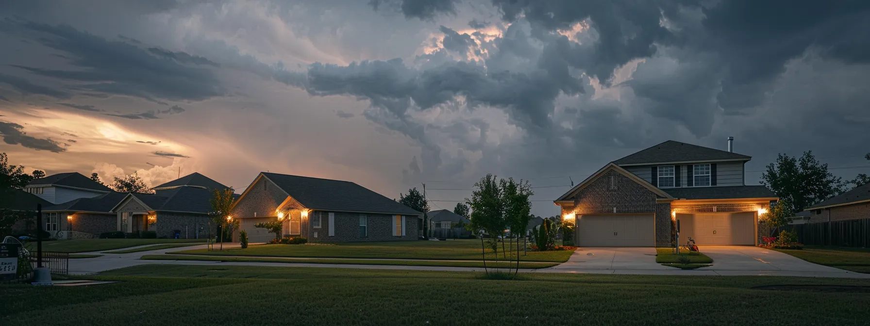 a modern suburban home at dusk, adorned with warm exterior lighting, showcases a neatly manicured lawn and a two-car garage, all under a slightly cloudy sky that hints at impending storms, emphasizing the importance of dependable backup power solutions.