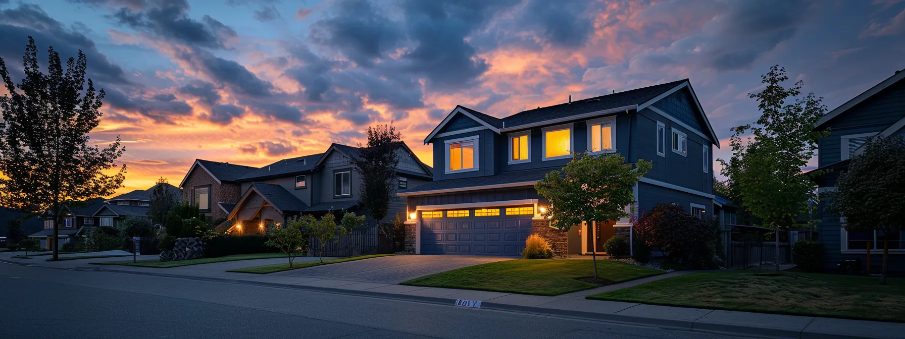 a modern suburban home at dusk, radiating warmth from neatly arranged exterior lights, sits amidst a tranquil neighborhood under a slightly cloudy sky, evoking the need for reliable backup power during potential storms.