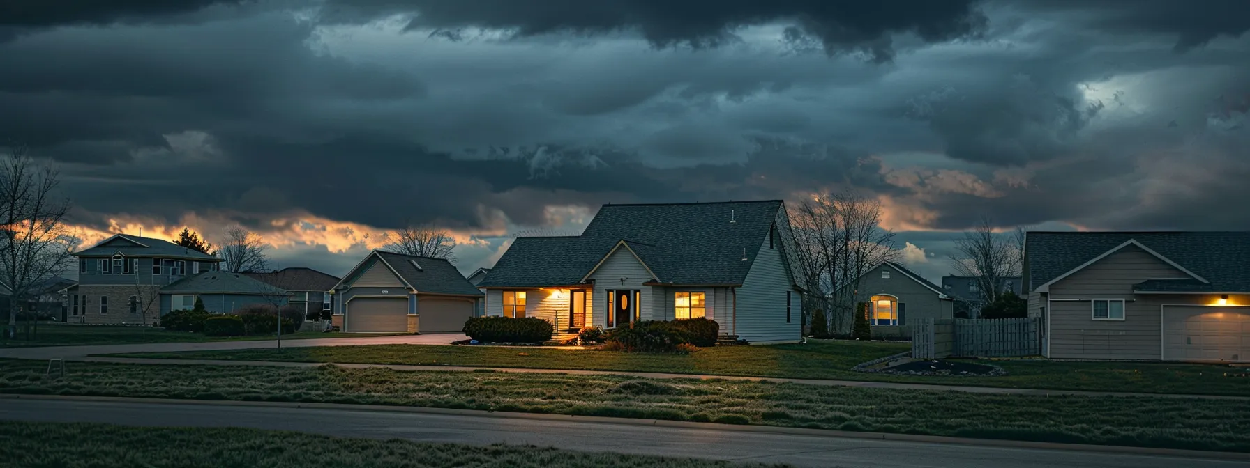 a modern suburban home at dusk, softly illuminated by warm exterior lights, stands amidst a neatly manicured lawn and a tranquil neighborhood, with slightly cloudy skies hinting at an impending storm, underscoring the importance of reliable backup power solutions.