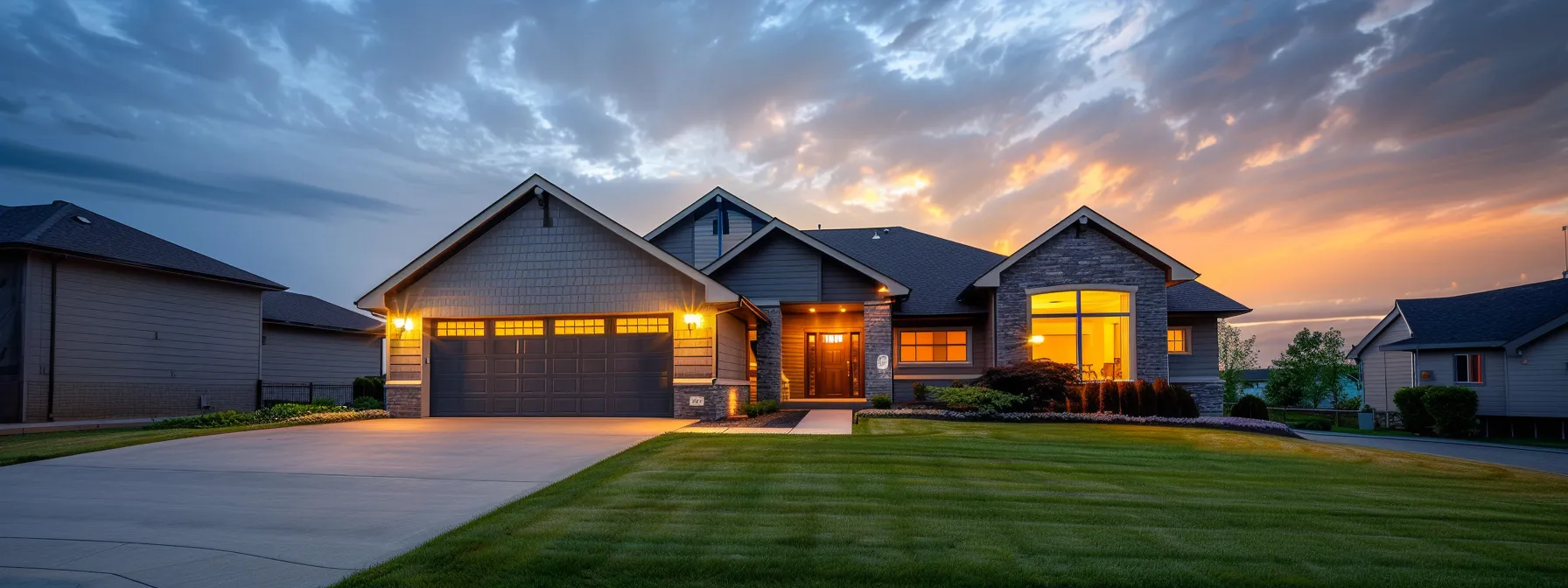 a modern suburban home at dusk, illuminated by warm exterior lights, stands amidst a neatly maintained lawn and a peaceful neighborhood, with a slightly cloudy sky hinting at an impending storm, underscoring the importance of reliable backup power systems.
