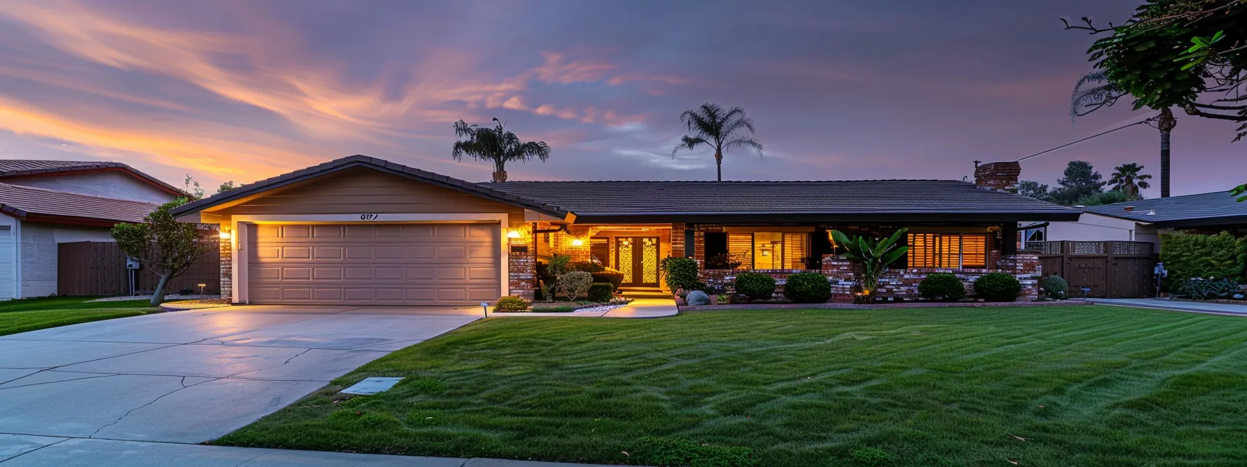 a modern suburban home at dusk, illuminated by warm exterior lights against a slightly cloudy sky, showcases a well-maintained lawn and a two-car garage, symbolizing the importance of reliable power during impending storms.