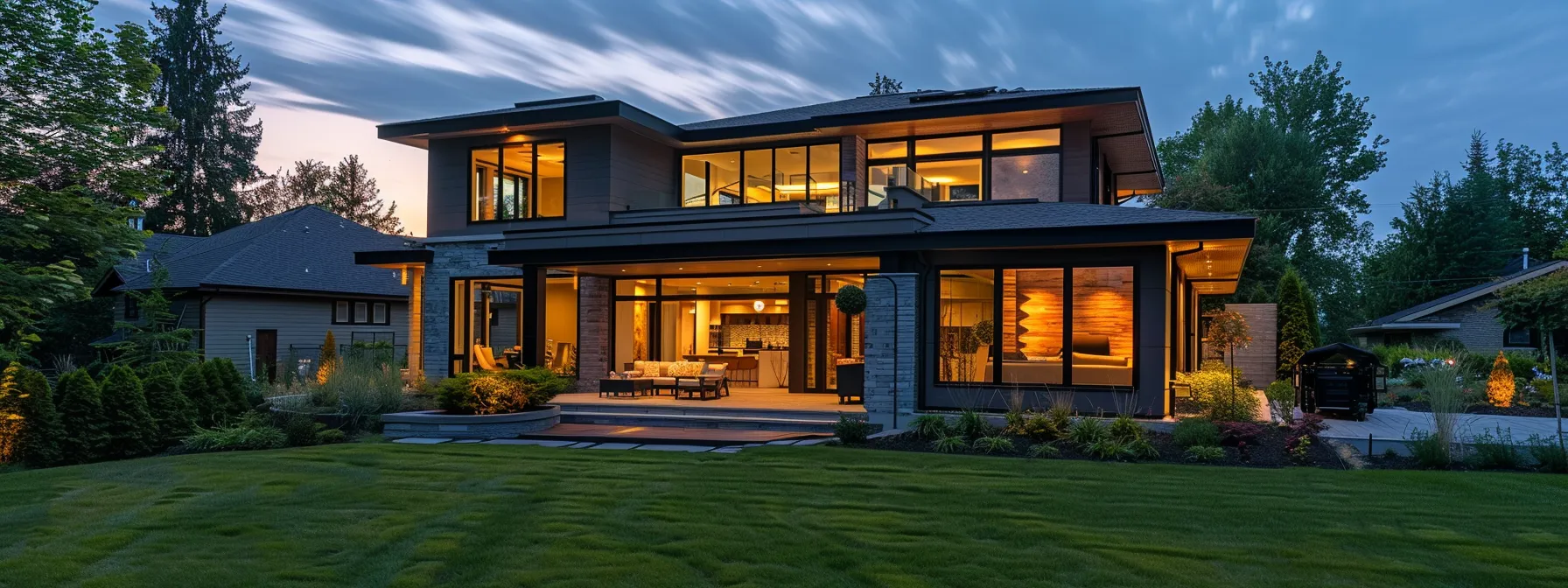 a modern suburban home at dusk stands confidently illuminated with warm exterior lighting, surrounded by a neatly manicured lawn under a slightly cloudy sky, subtly hinting at the importance of dependable backup power solutions during impending storms.
