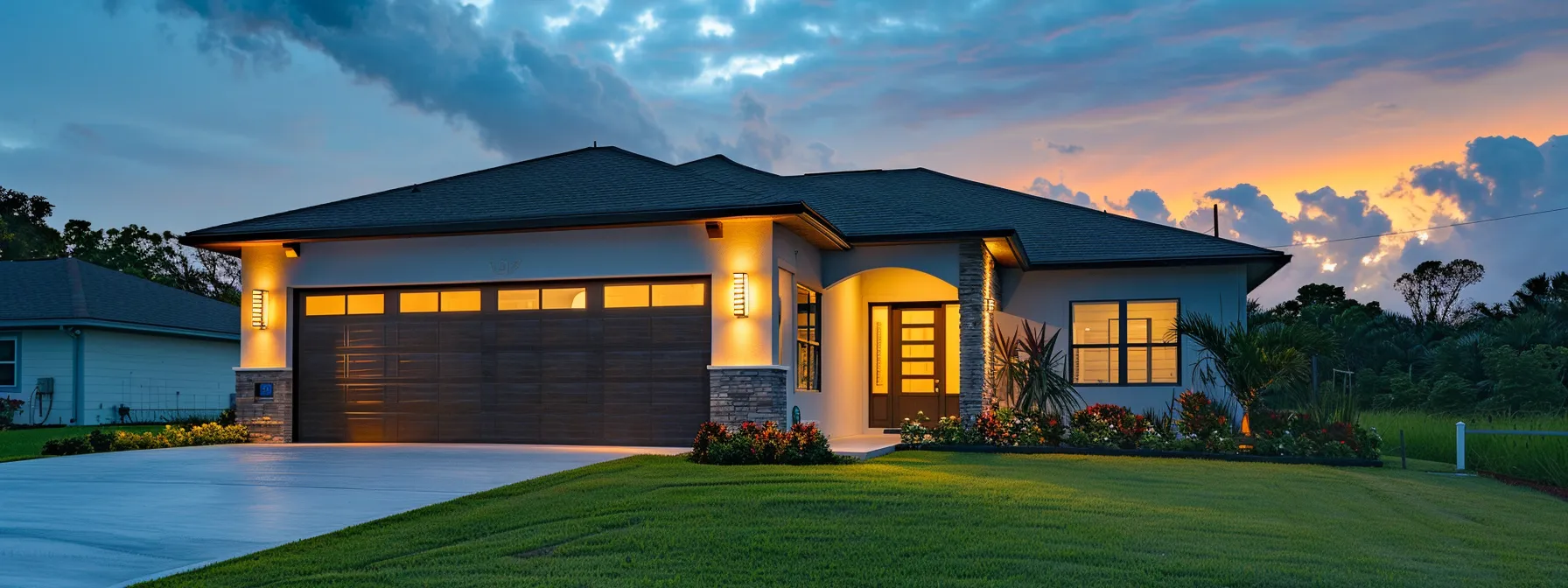 a modern suburban home at dusk, illuminated by warm exterior lighting with a neatly maintained lawn and a two-car garage, stands resilient against a slightly cloudy sky, suggesting the importance of reliable backup power during potential storms.