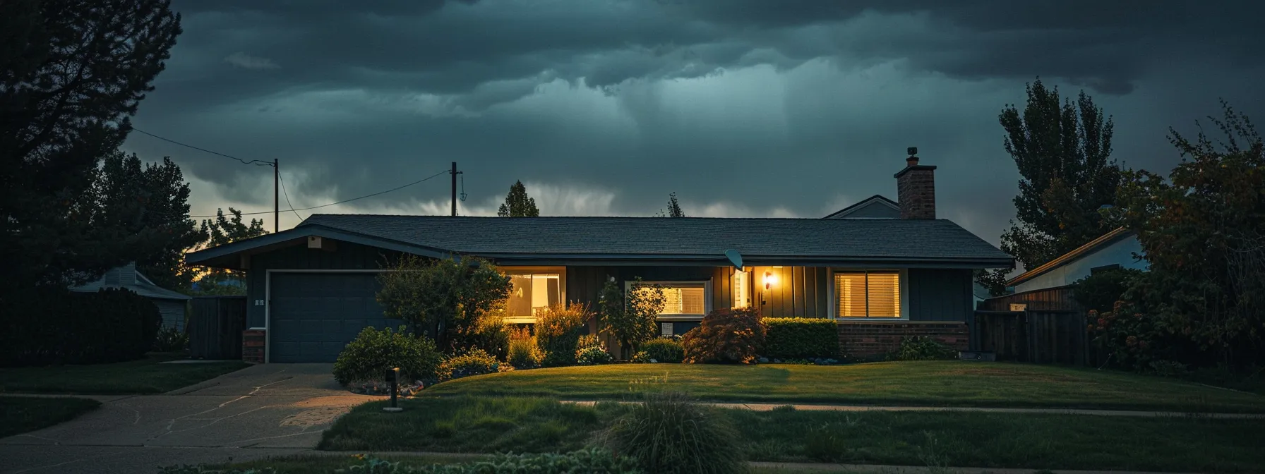 a modern suburban home at dusk, illuminated by warm exterior lights, stands proudly in a serene neighborhood with a polished lawn, while the cloudy sky hints at an impending storm, underscoring the importance of dependable generator repair services.