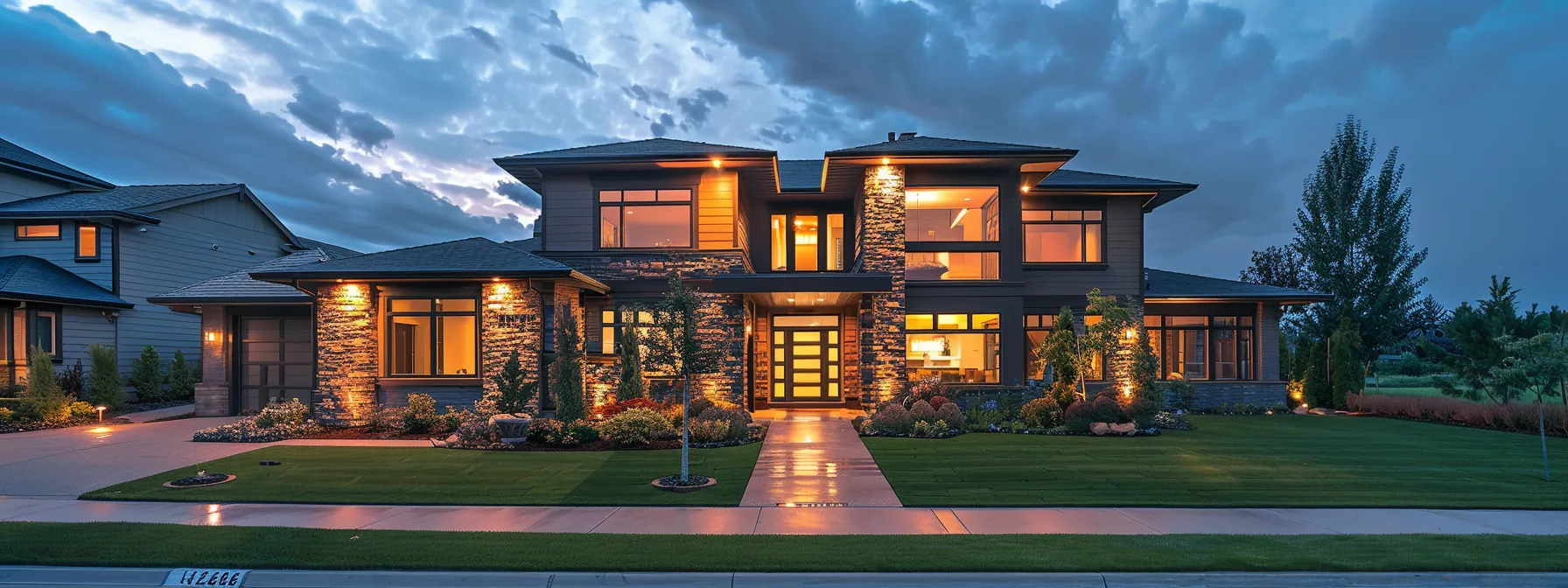 a modern suburban home at dusk, glowing warmly with exterior lights, stands amidst a neatly maintained lawn and a peaceful neighborhood, while a cloudy sky hints at impending storms, underscoring the importance of reliable backup power solutions.