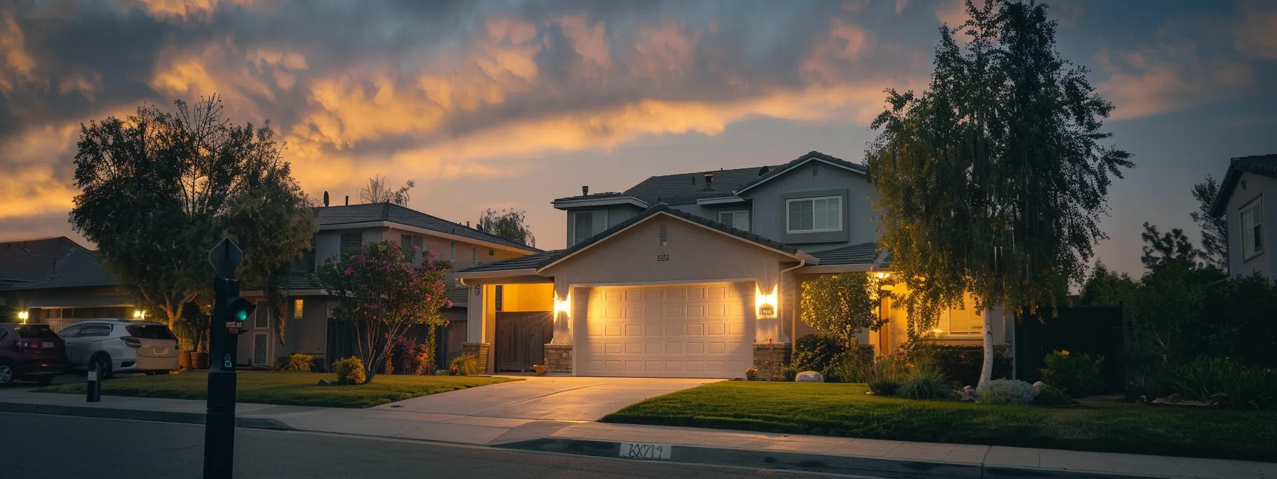 a modern suburban home at dusk, illuminated by warm exterior lights against a backdrop of slightly cloudy skies, symbolizes the importance of reliable backup power amid the tranquility of a well-maintained neighborhood.
