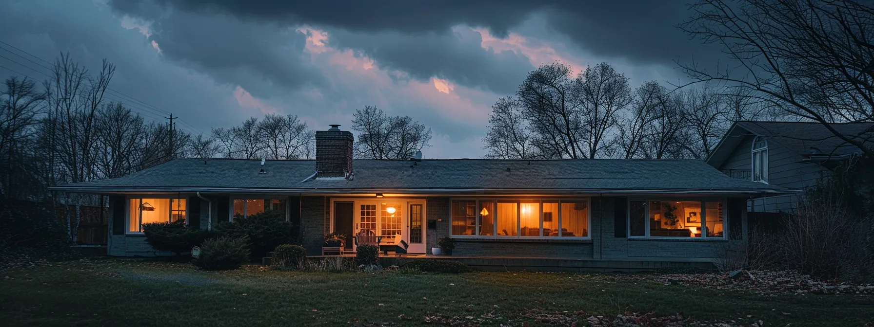 a modern suburban home at dusk, illuminated by warm exterior lights against a slightly cloudy sky, symbolizes the essential need for reliable backup power amid potential storms, reflecting the safety standards surrounding generator installation.