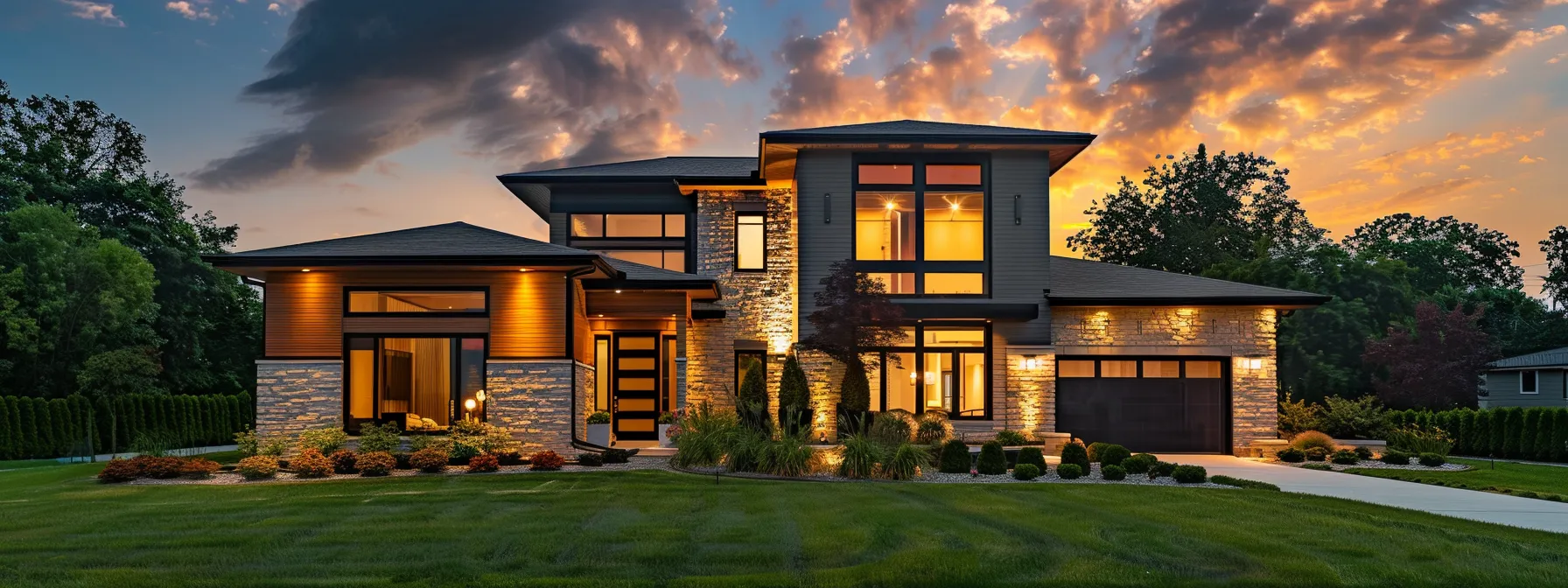 a modern suburban home at dusk, illuminated by warm exterior lighting, stands amidst a neatly maintained lawn and a peaceful neighborhood, with a slightly cloudy sky hinting at an impending storm, symbolizing the critical importance of reliable backup power and safety compliance.