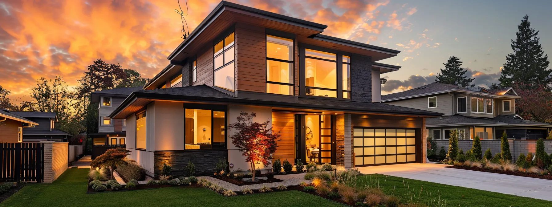 a modern suburban home at dusk, illuminated by warm exterior lights, stands in a peaceful neighborhood with a neatly maintained lawn, under a slightly cloudy sky that hints at impending storms, symbolizing the vital importance of reliable backup power through regular generator servicing.