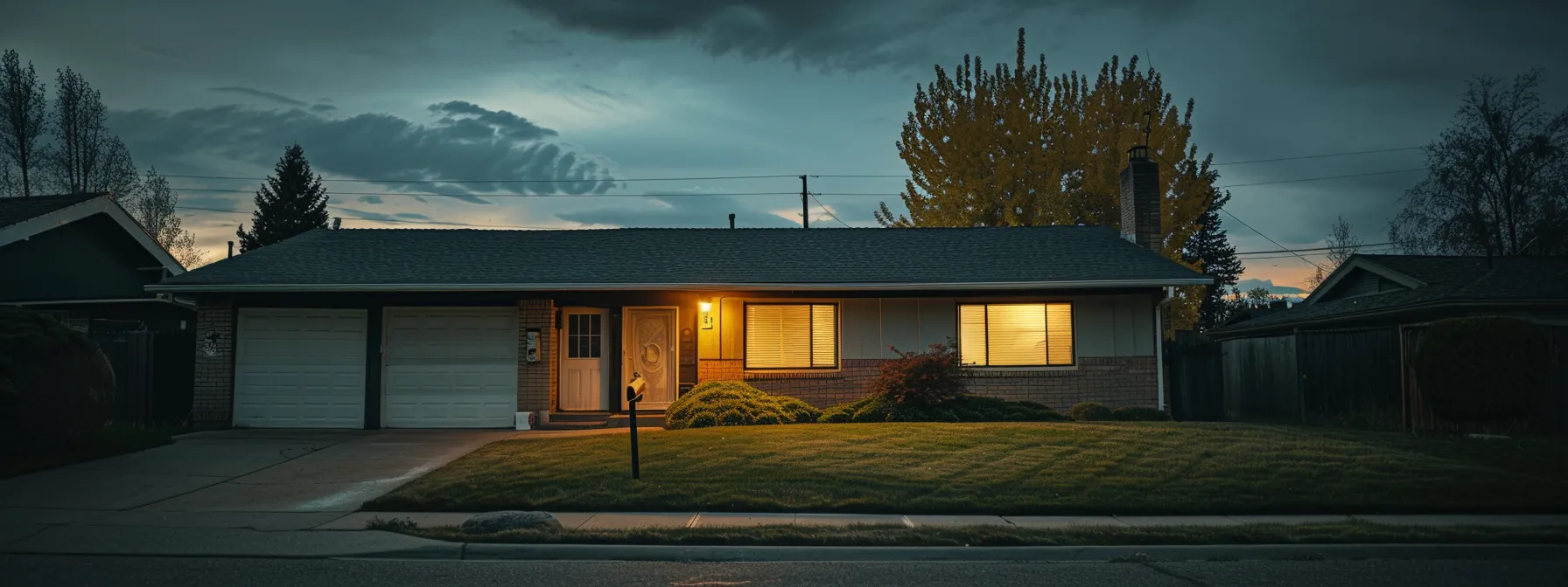 a modern suburban home at dusk, illuminated by warm exterior lights, showcases a well-manicured lawn and a two-car garage against a slightly cloudy sky, symbolizing the importance of reliable backup power amidst impending storms.