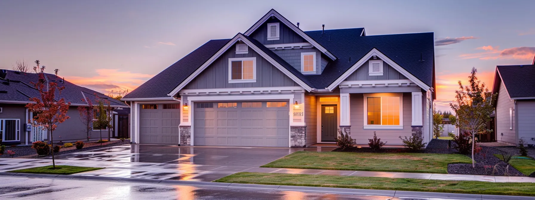 a modern suburban home at dusk, beautifully illuminated with warm exterior lights, showcasing manicured landscaping and a sturdy two-car garage against a slightly cloudy sky, symbolizing the importance of reliable backup power amidst potential storms.
