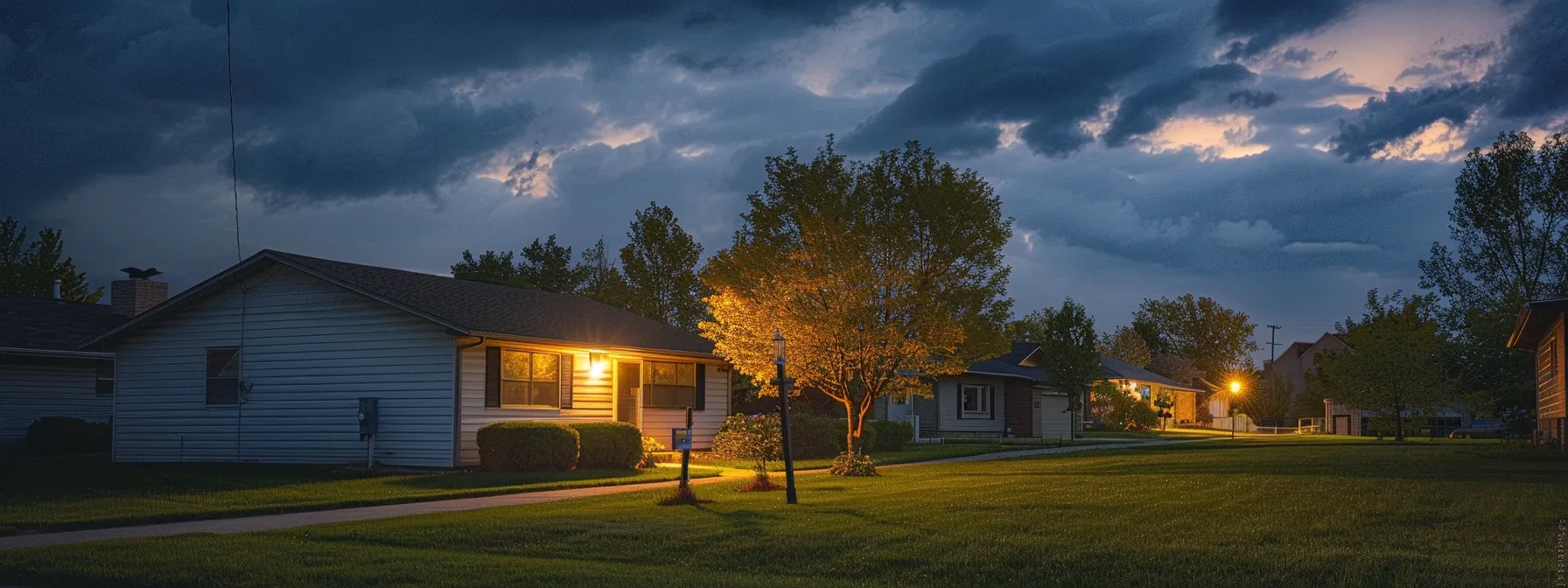 a modern suburban home at dusk, softly illuminated by warm exterior lights, stands amid a neatly maintained lawn and a peaceful neighborhood, with slightly cloudy skies hinting at impending storms, underscoring the importance of reliable backup power systems for safety and preparedness.