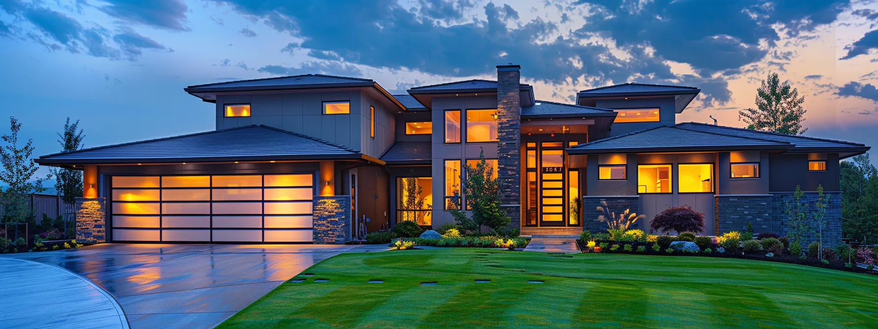 a modern suburban home at dusk glows with warm exterior lighting, showcasing its well-maintained lawn and two-car garage under a slightly cloudy sky, highlighting the importance of reliable backup power amidst potential storms.