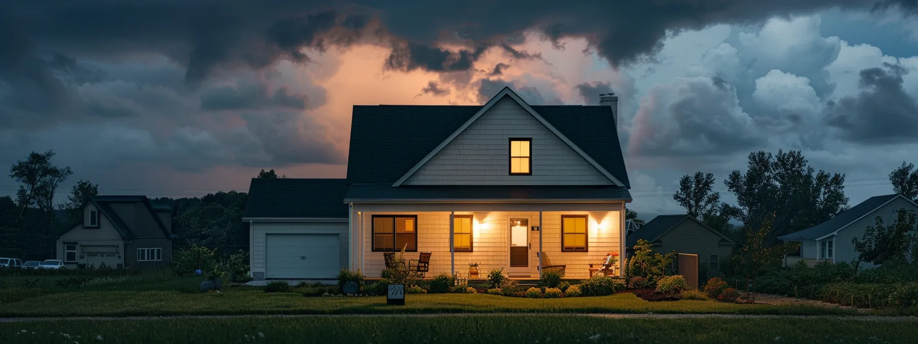 a modern suburban home at dusk, illuminated by warm exterior lights, stands confidently in a tranquil neighborhood with a neatly maintained lawn and a looming, cloudy sky, symbolizing the importance of reliable backup power solutions amidst impending storms.