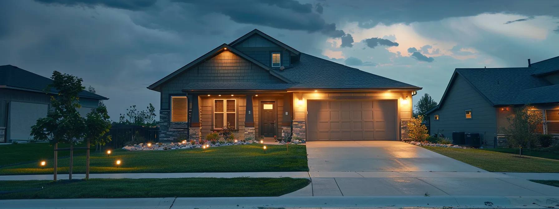 a modern suburban home bathed in warm exterior lighting at dusk, nestled in a tranquil neighborhood with a neatly maintained lawn, under a slightly cloudy sky that suggests impending storms, showcasing the importance of reliable backup power and safety measures.