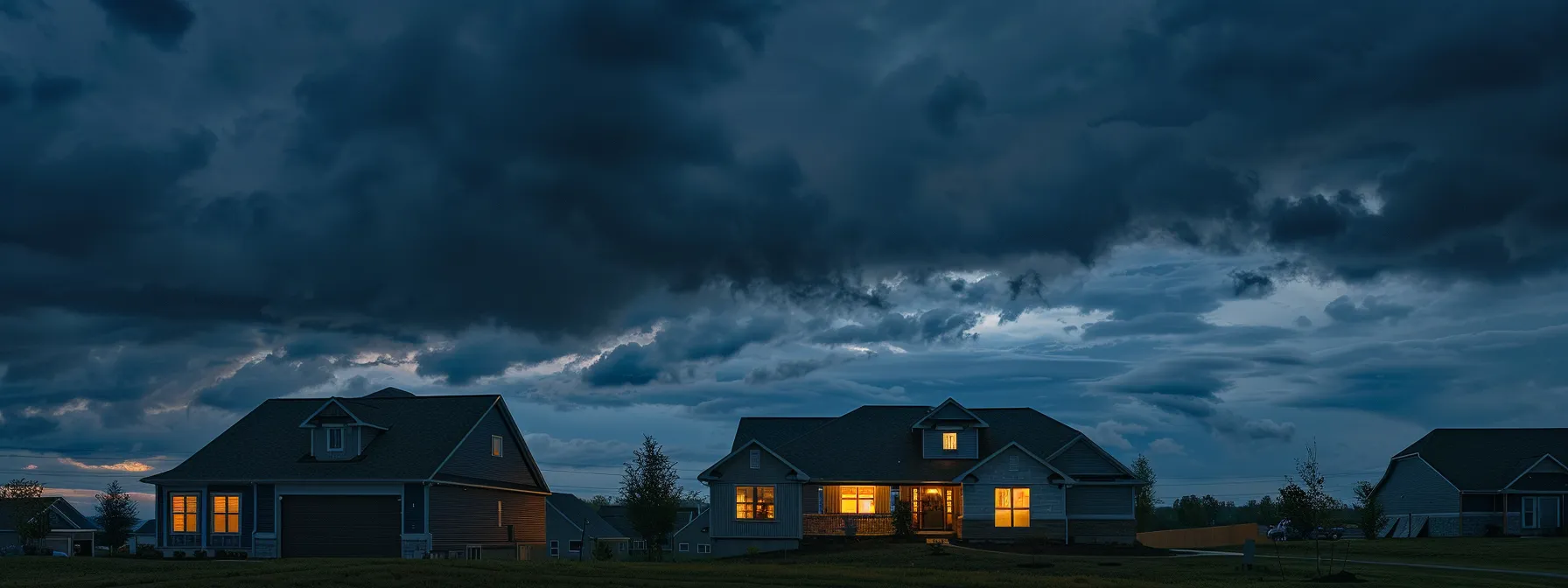 a modern suburban home is illuminated warmly at dusk, nestled within a peaceful neighborhood, as dark clouds gather overhead, symbolizing the importance of innovative backup power solutions amidst impending storms.
